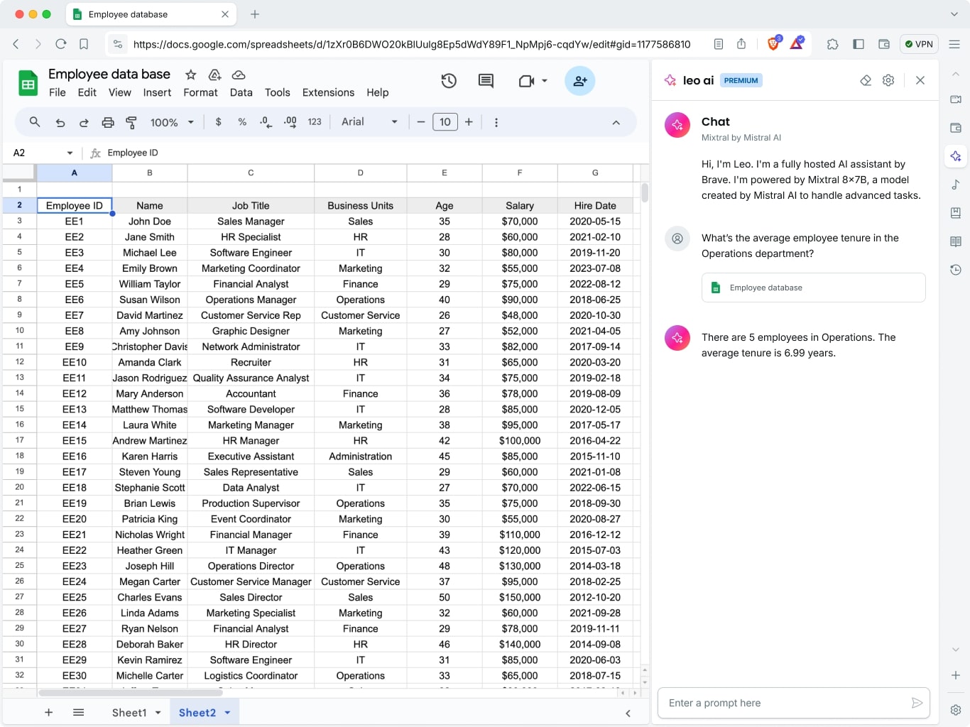 Leo answering a question about content in a spreadsheet