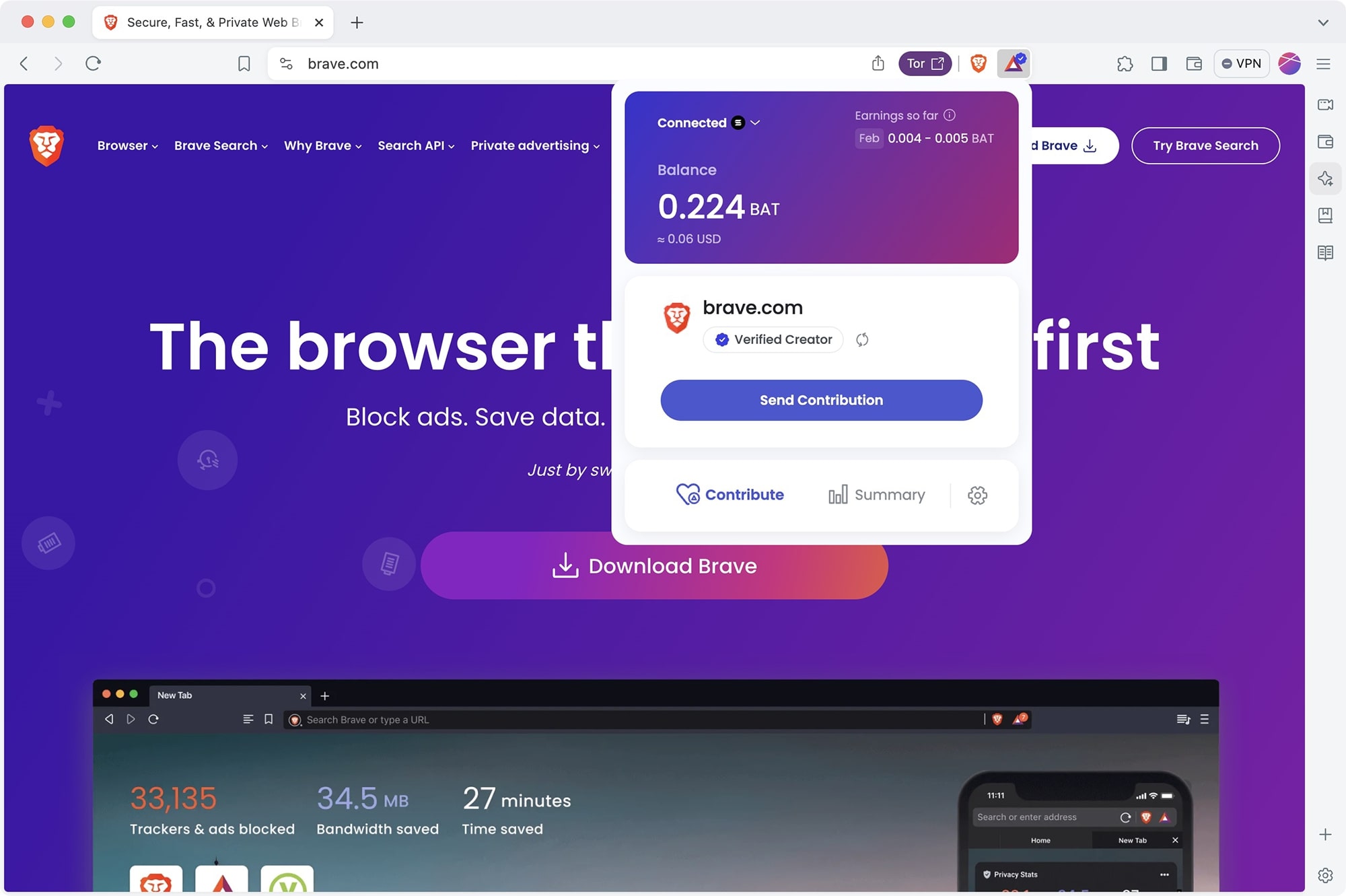 Solana address connected to Brave Rewards