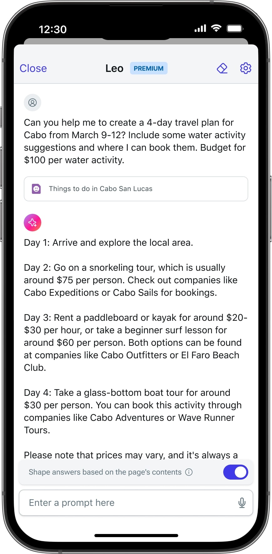 Asking Leo for a 4-day travel plan.