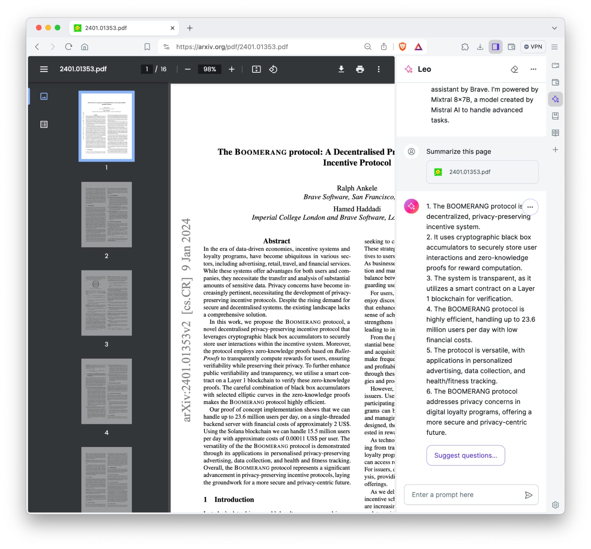 Leo summarizing content of a multi-page PDF document