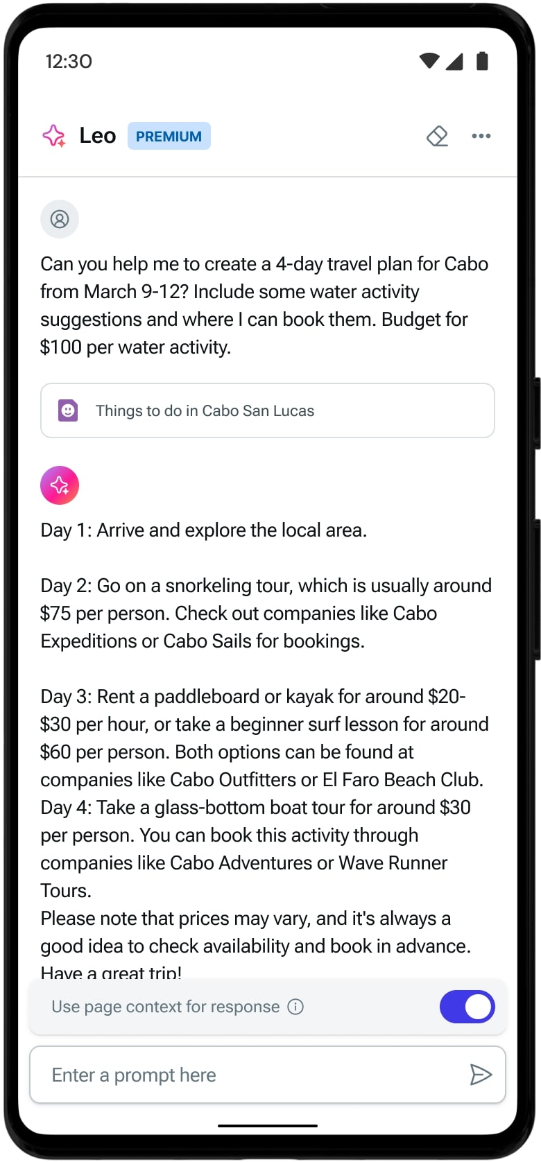 Asking Leo for a 4-day travel plan.
