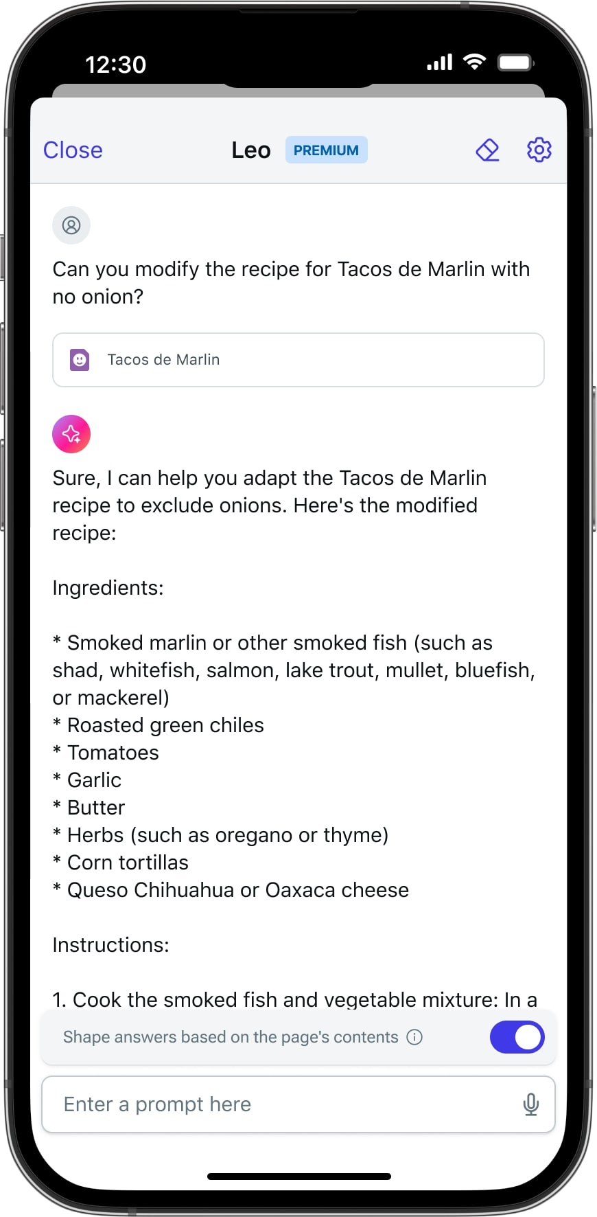 Asking Leo to modify a recipe.