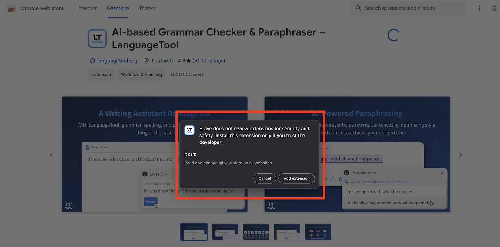 Extension warning popup