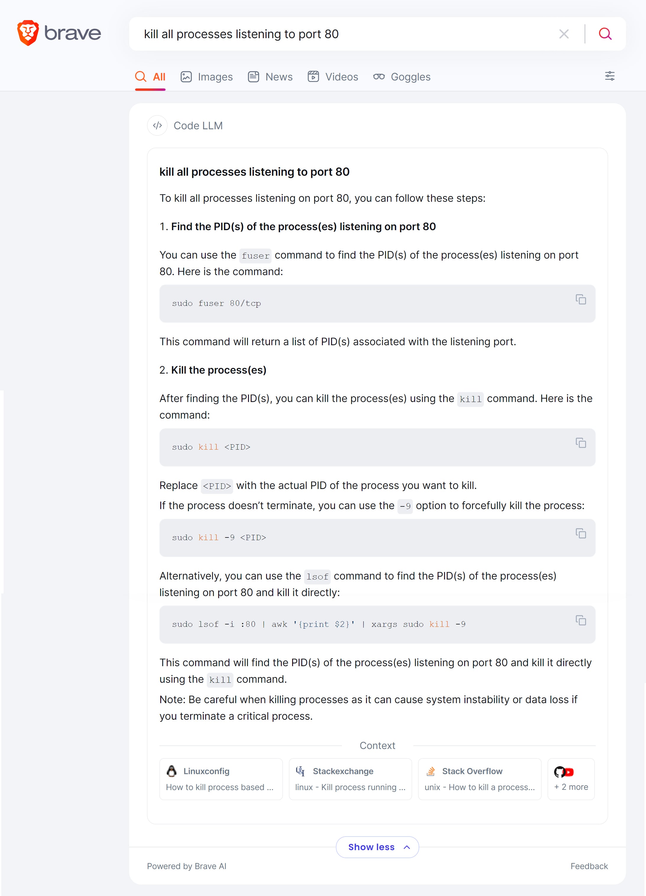 Query 'kill all processes listening to port 80'