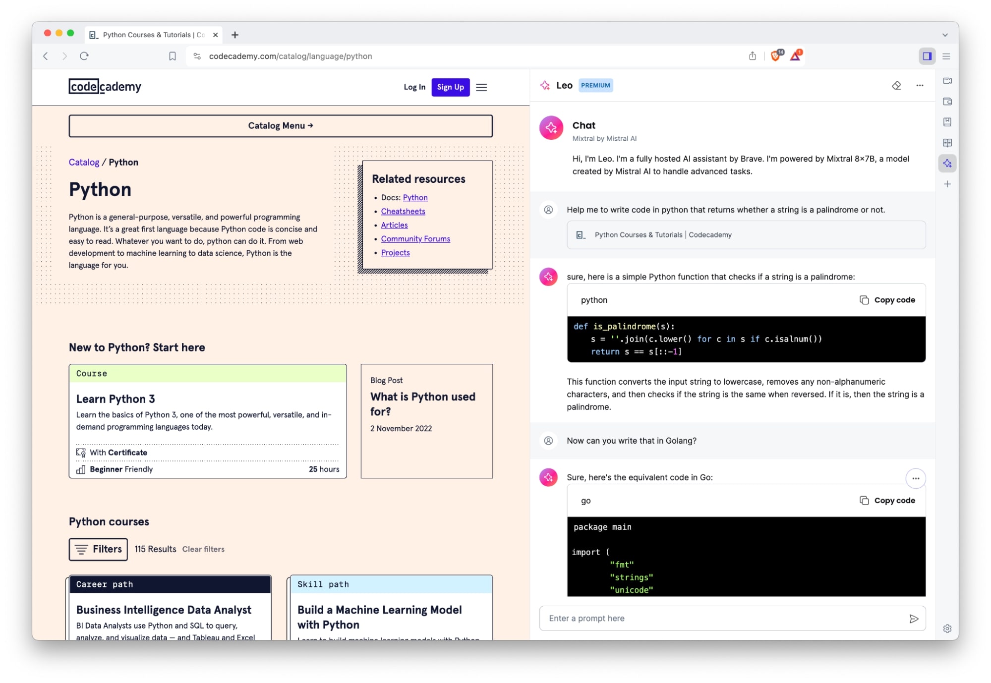 A screenshot of Brave Leo being used to write a Python function