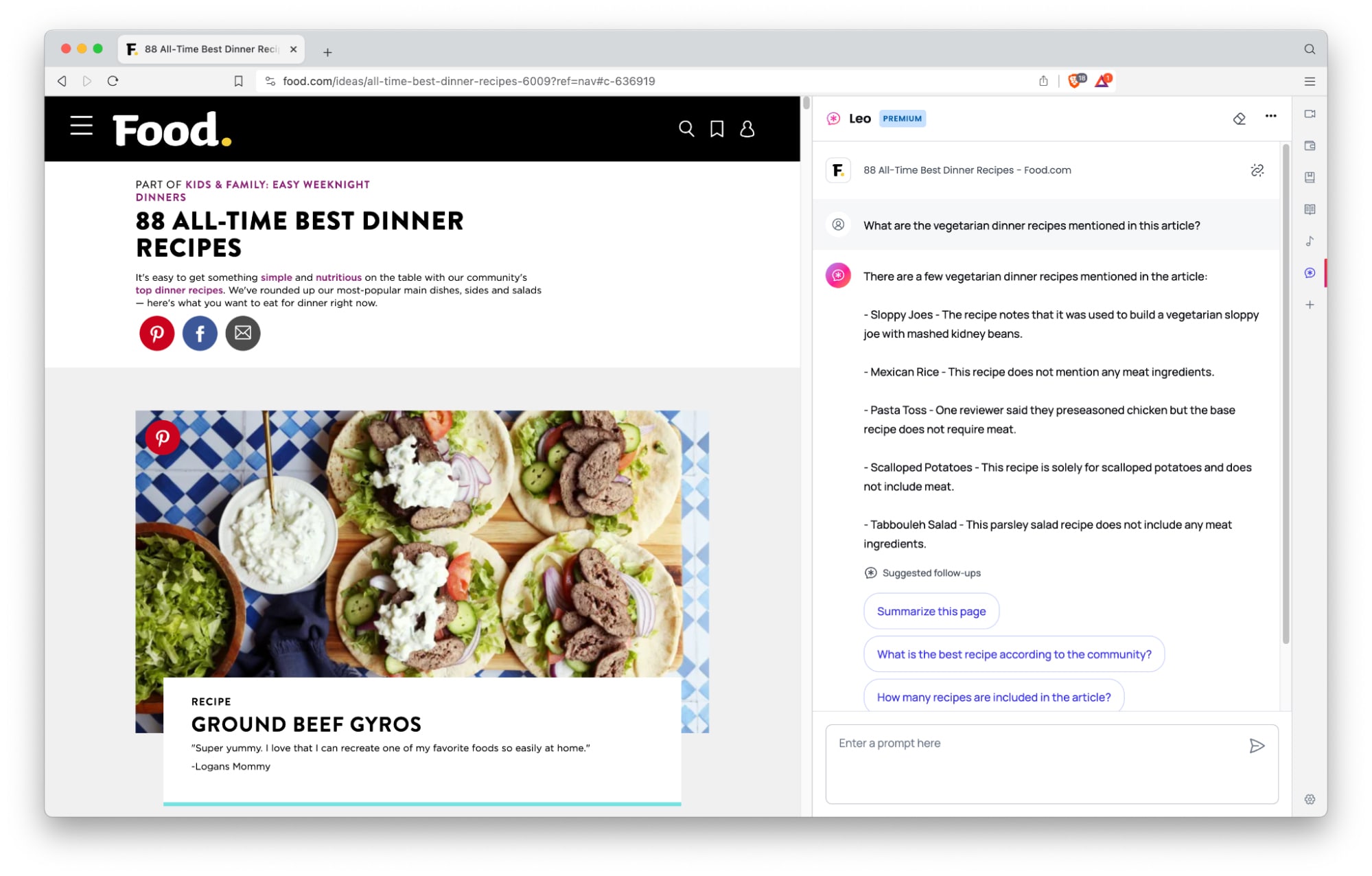 A screenshot of Brave Leo being used to extract a list of vegetarian dinner recipes from an article