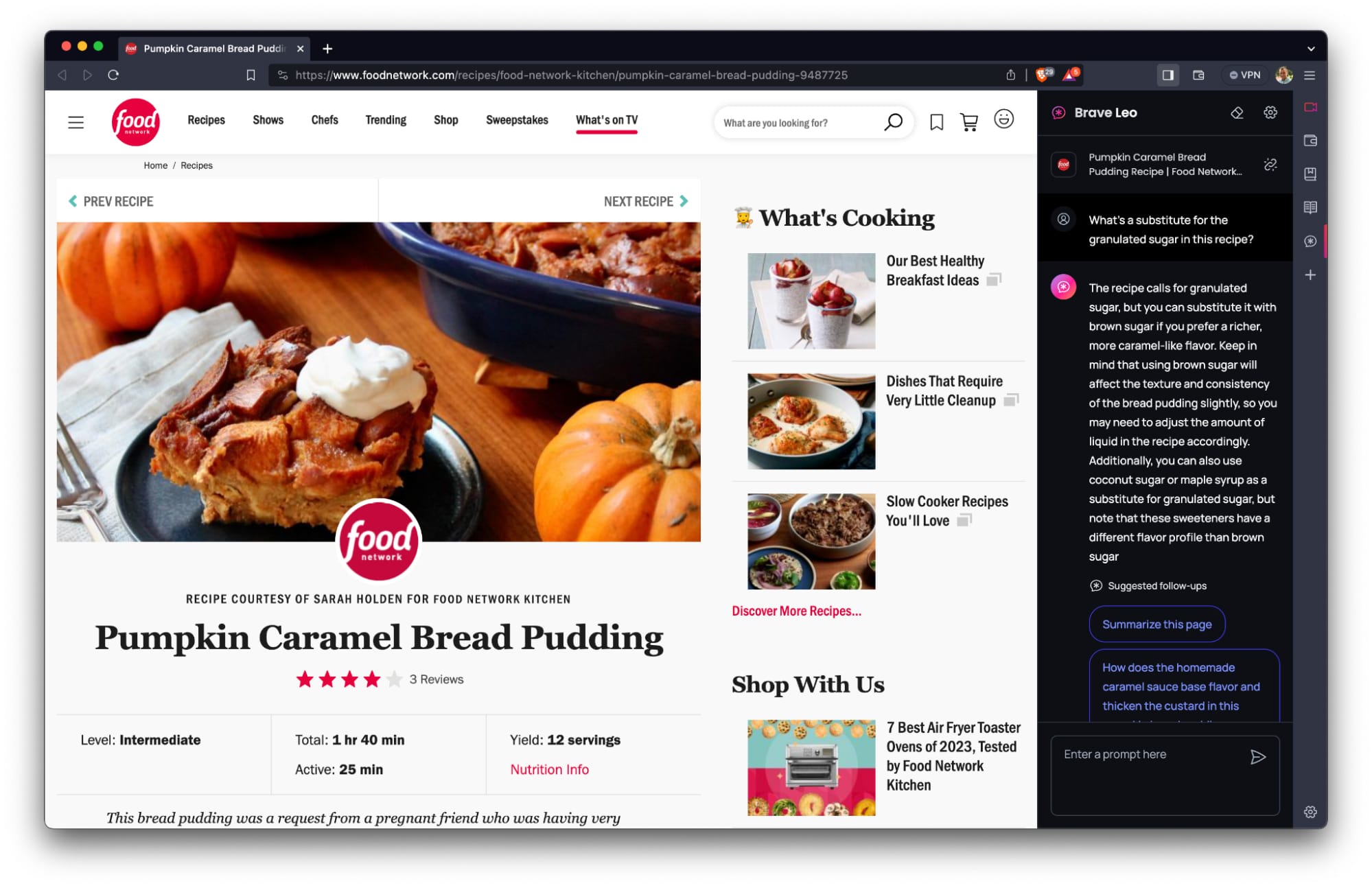 Brave Leo opened in a panel next to a Food Network recipe page. Brave Leo is answering the user's question regarding granulated sugar substitutes for the recipe.