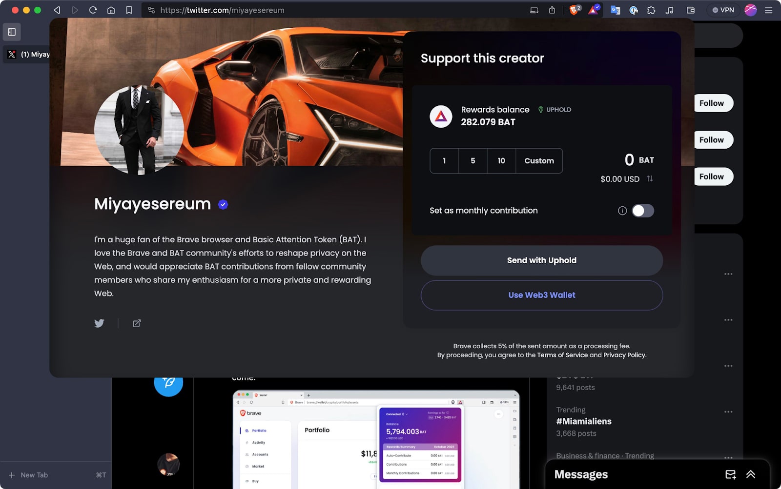 The Web3 wallet button in the Brave Rewards contribution interface