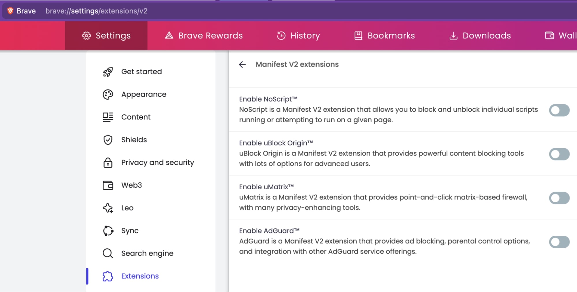 Supported extensions listed in Brave Settings