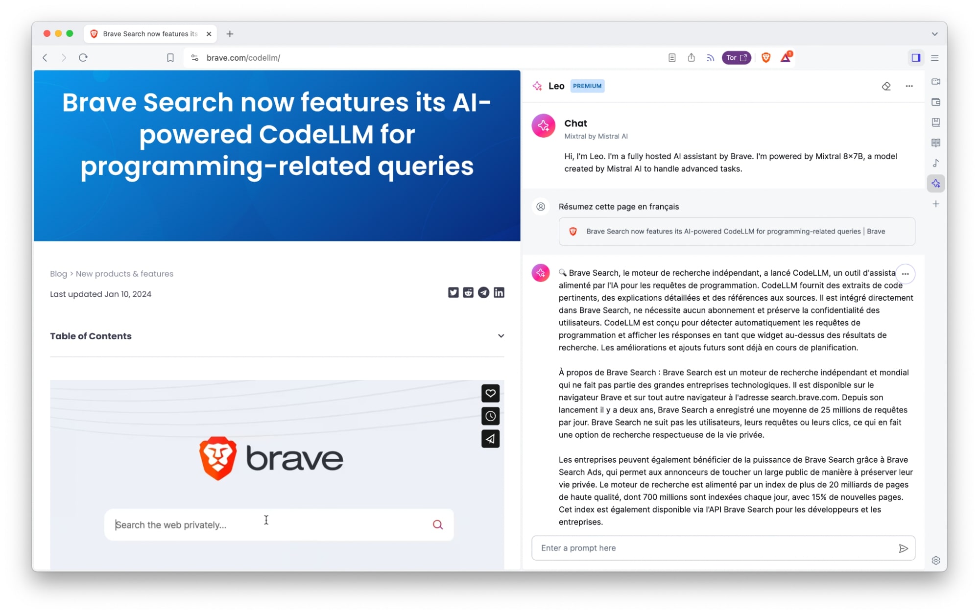 A screenshot of Brave Leo being used to translate an article into French