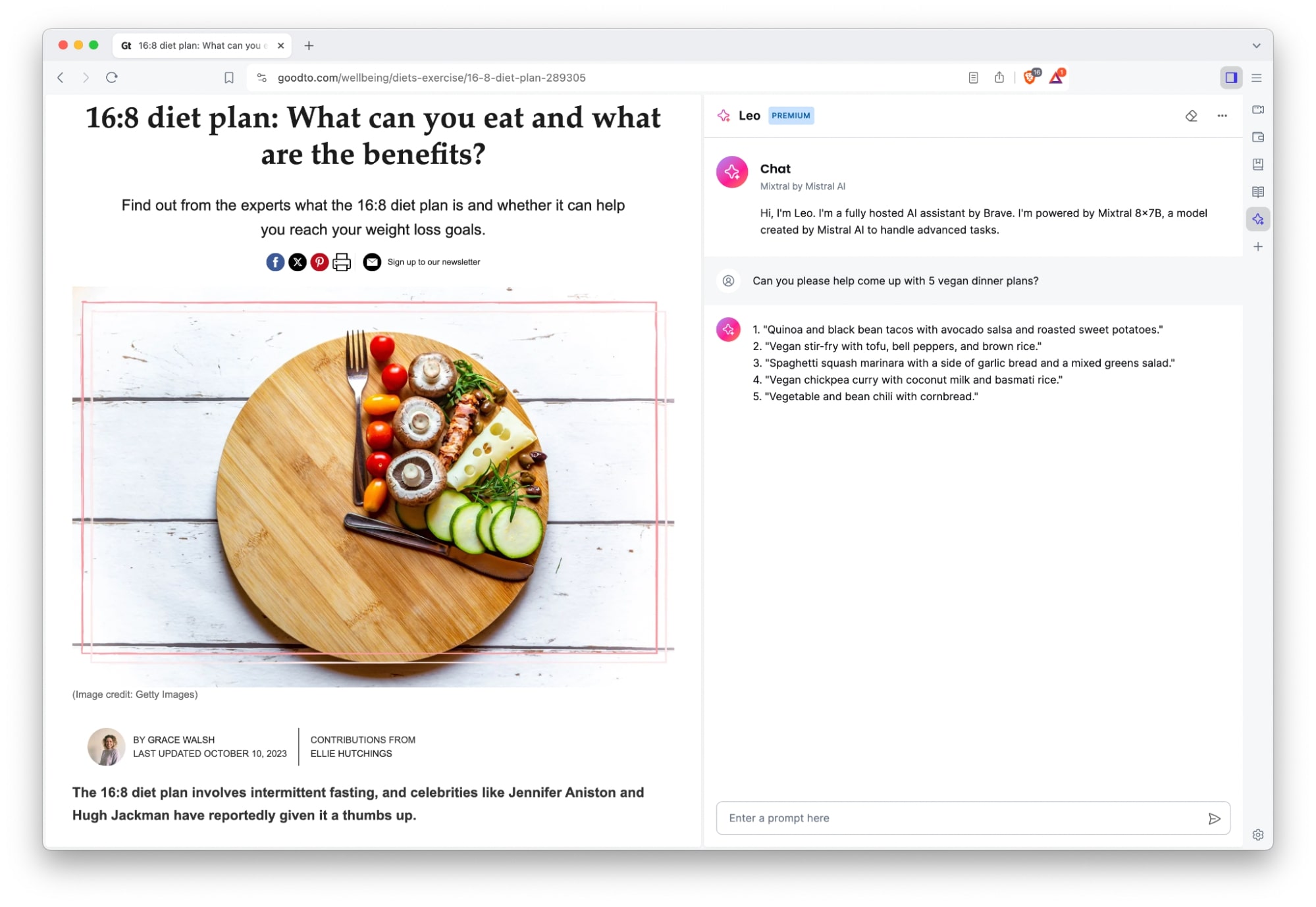 A screenshot of Brave Leo being used to plan vegan dinners