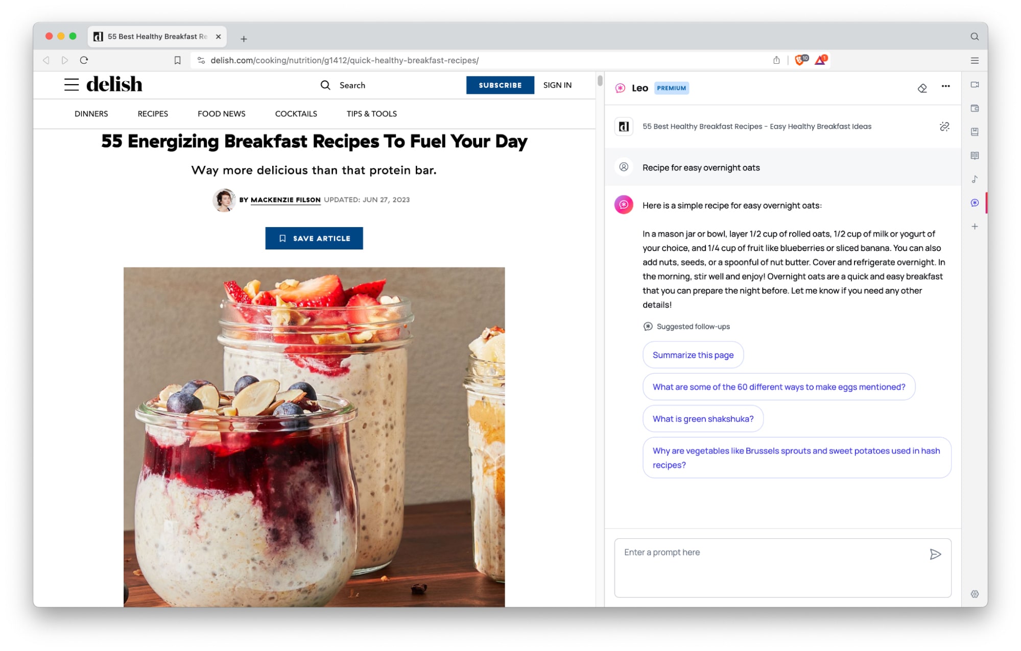 A screenshot of Brave Leo identifying a recipe for 'easy overnight oats'