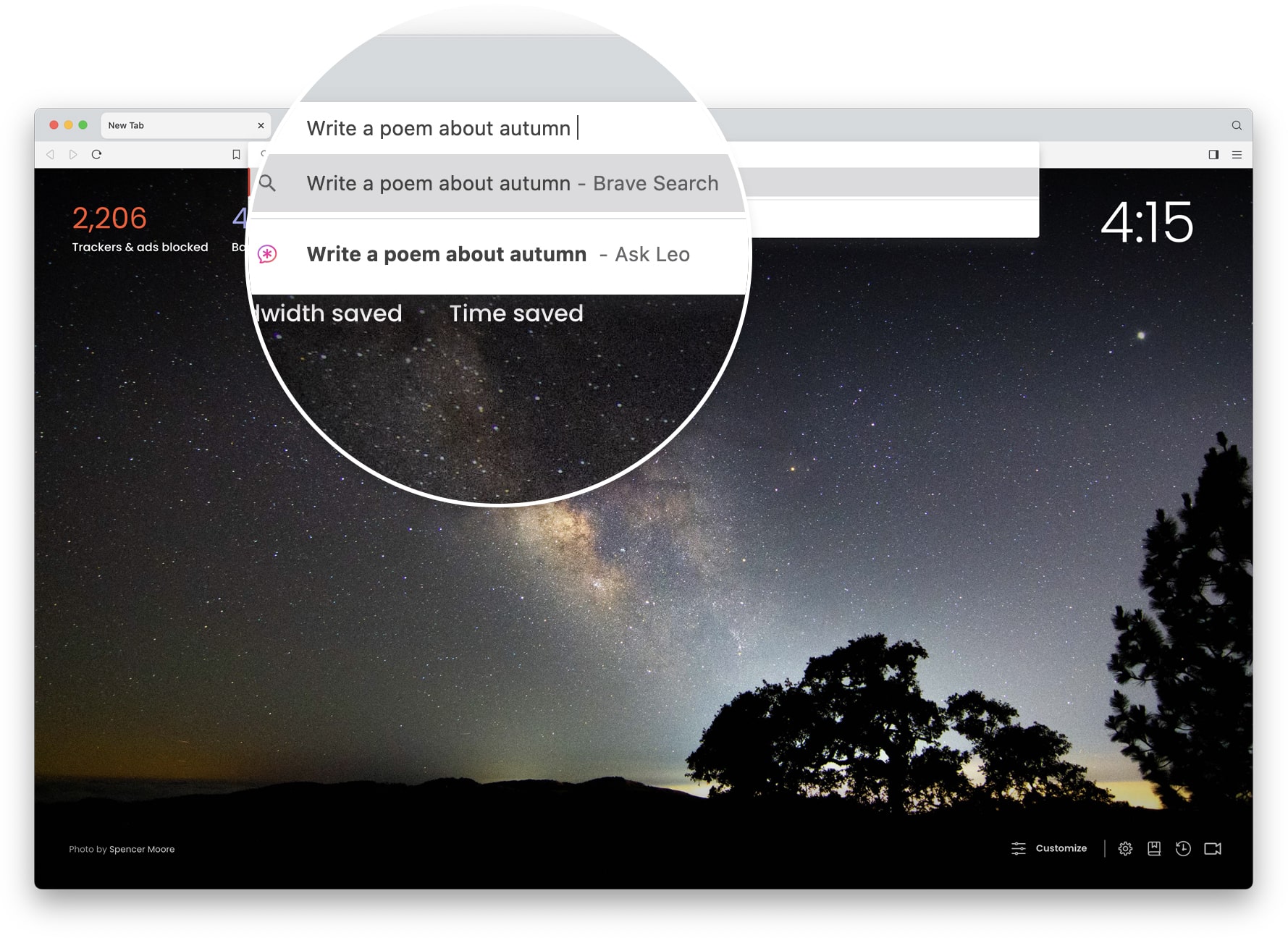A screenshot of Brave Leo being accessed from the address bar, asked to 'write a poem about autumn'