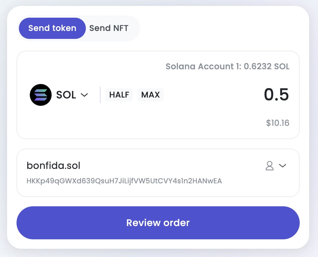 To send crypto with SNS, simply type in the .sol address of the person or organization you wish to send funds to.