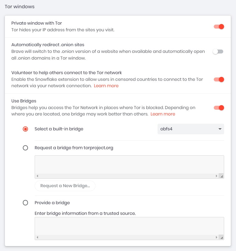 Settings for Tor Windows within the Brave Browser
