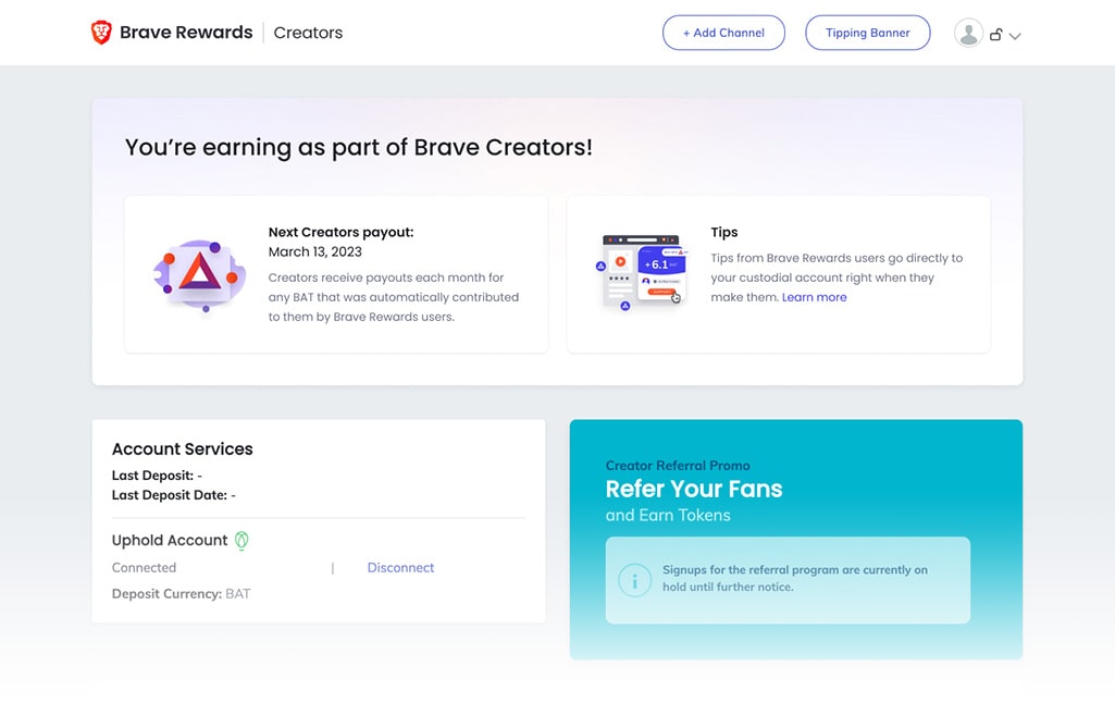 Updated creators dashboard without vBAT balance indicator
