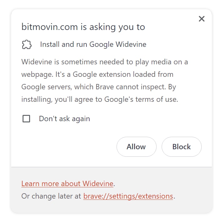Widevine permission prompt in Brave