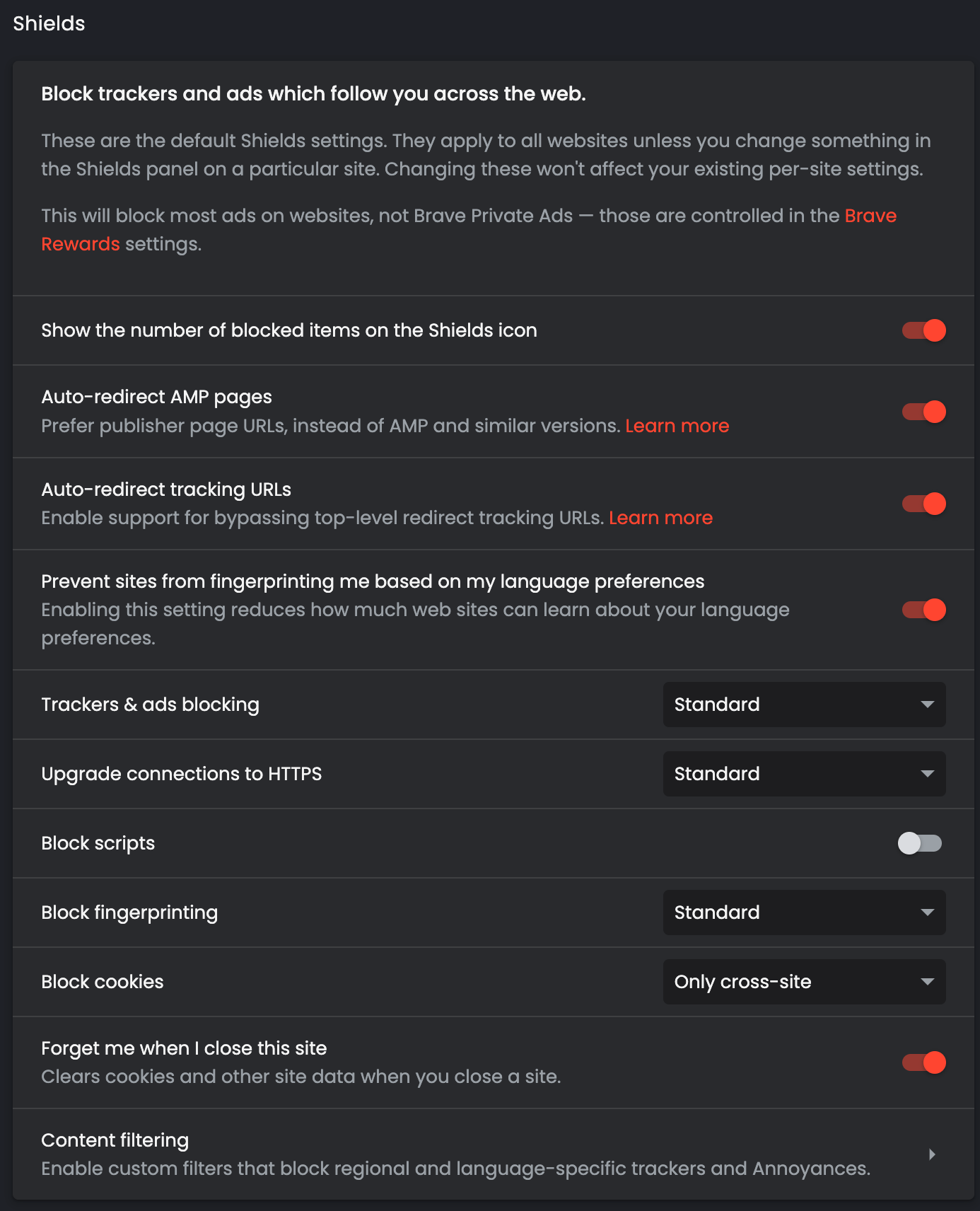 全てのサイトに対してForgetful Browsingを有効にすることができます。