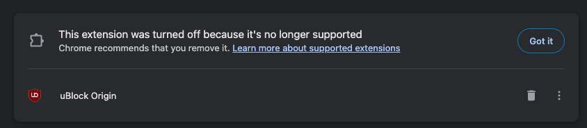 Chrome's This extension was turned off because it's no longer supported message