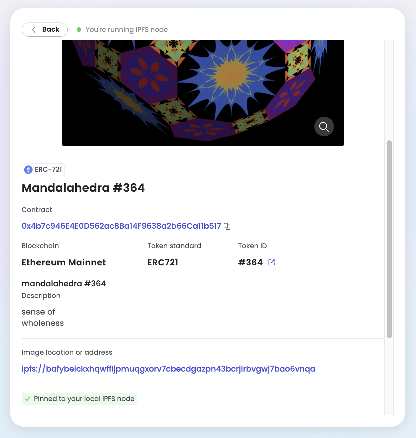 Screenshot of NFT details