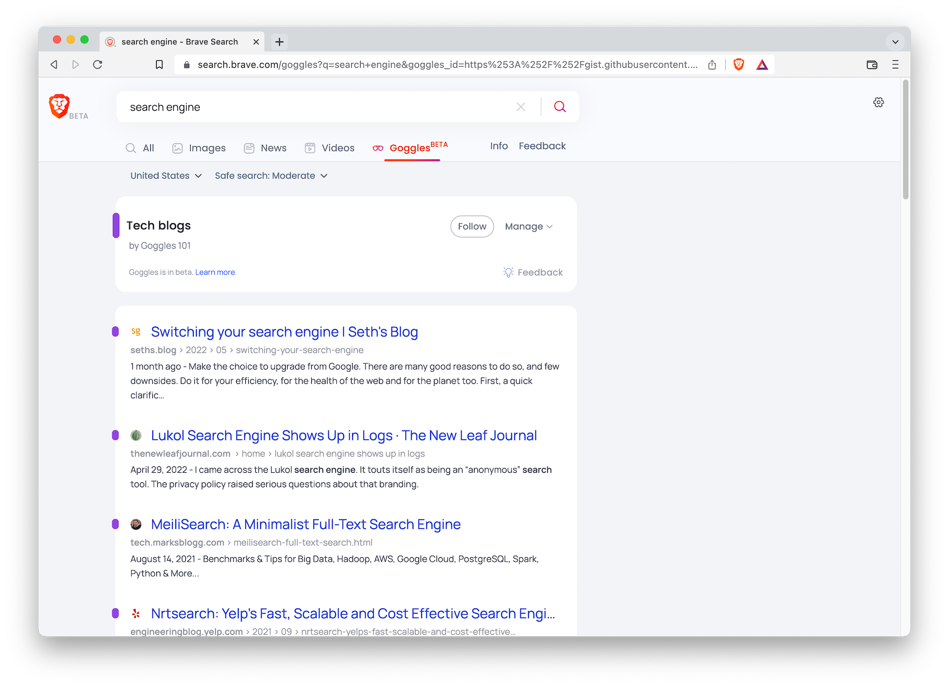 Screenshot of search results with Goggles