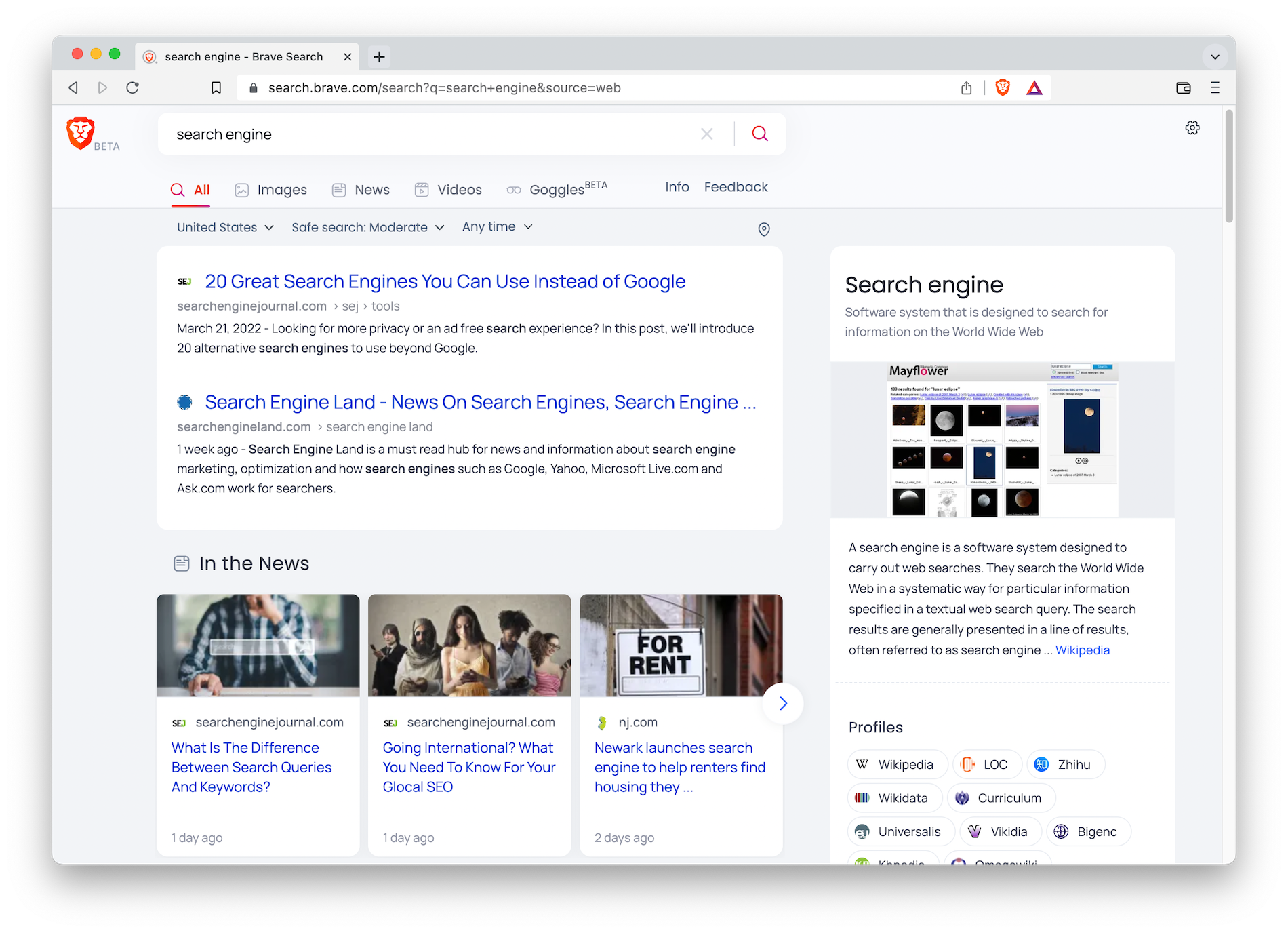 Screenshot of search results without Goggles
